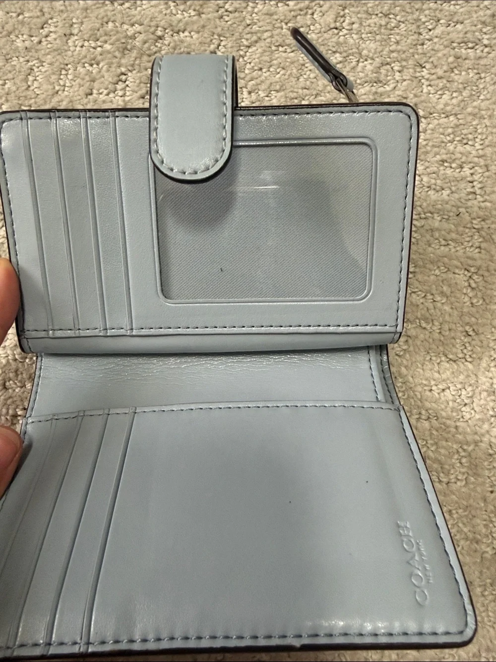 Coach signature leather wallet with blue leather inside and snap NWOT